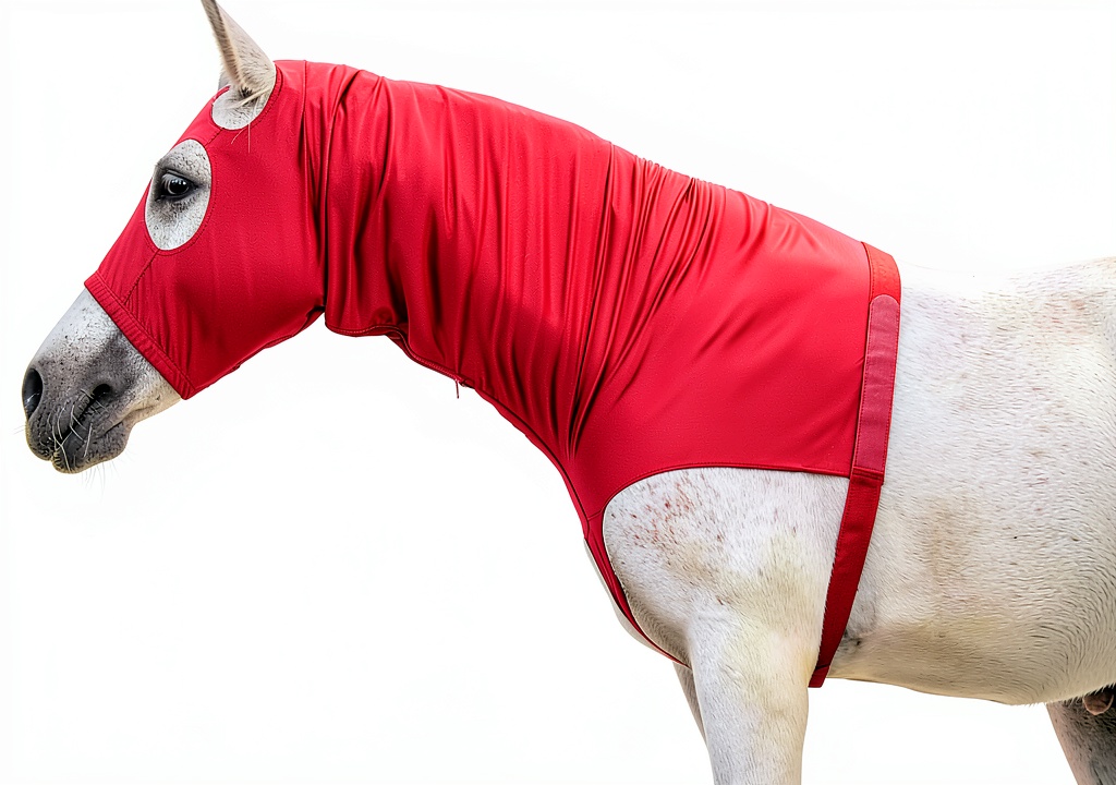 Horse wearing LEAFOREST protective hood in a stable
