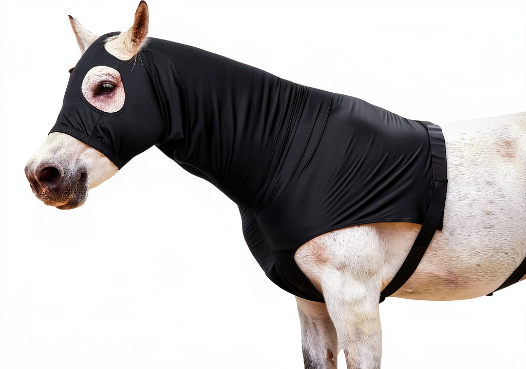 Horse wearing LEAFOREST protective hood in a stable