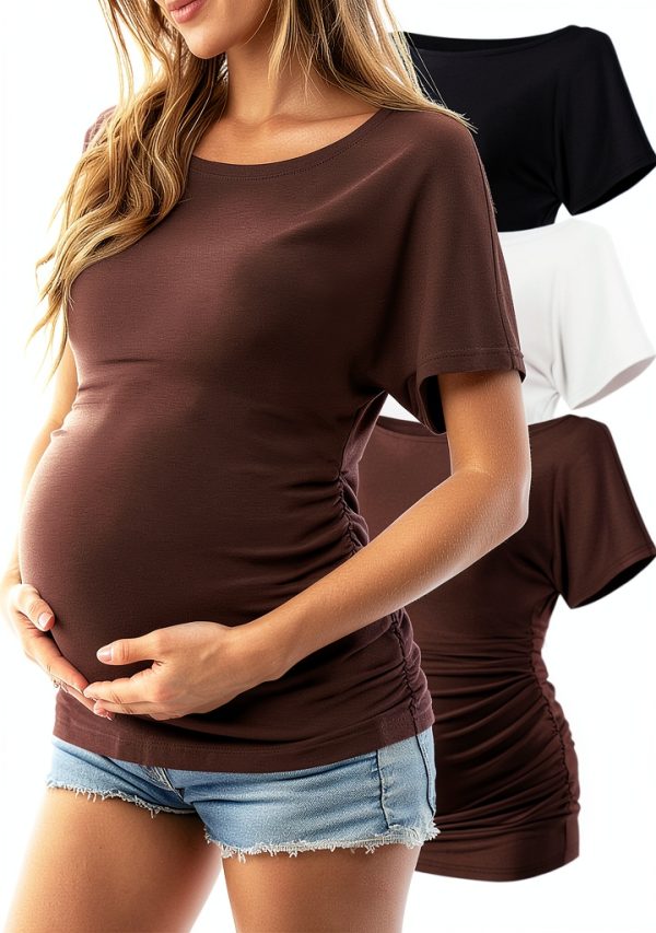 Ficerd Women's Maternity Shirts 3-Pack Boat Neck Short Sleeve Tunic-0